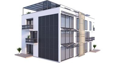 Illustrasjon av bygg med solcellepanel på fasade